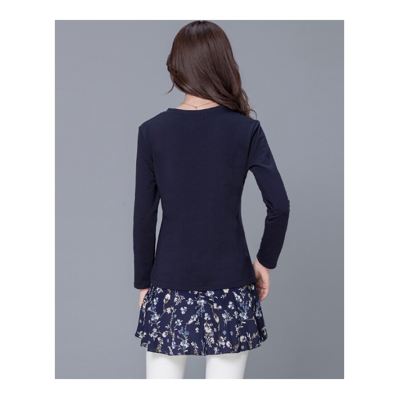 2018春装新款大码女装胖mm宽松显瘦碎花拼接假两件V领长袖连衣裙深蓝色