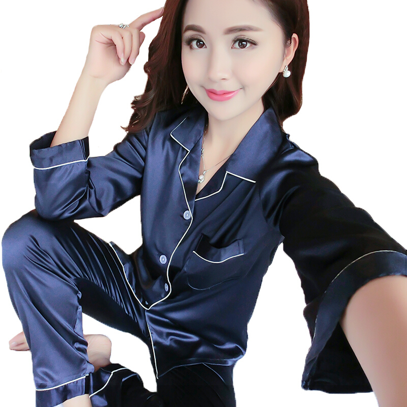 春秋季韩版真丝睡衣女士长袖长裤薄款丝绸性感两件套装冰丝家居服