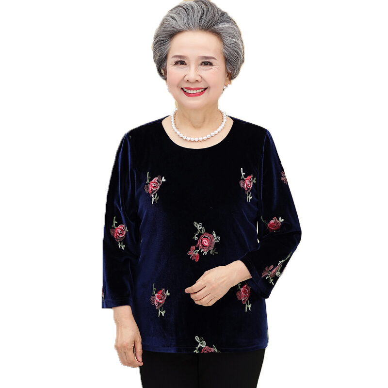 妈妈装长袖T恤60-70岁中老年女装打底衫老人上衣服奶奶装秋装套装蓝色上衣加裤子