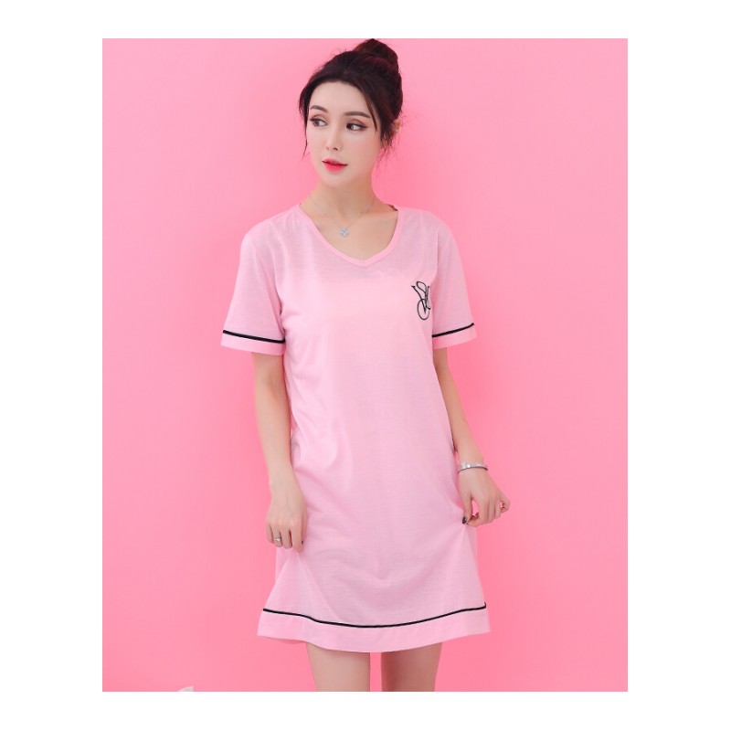 睡裙女夏中裙全棉短袖S码修身瘦人小号V领纯色简约学生家居服女S/70-85斤/