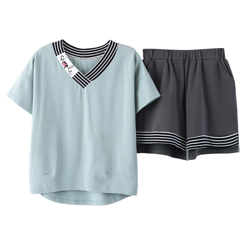 睡衣女夏短袖短裤宽松韩版两件套可外穿简约休闲V领薄家居服套装湖水兰