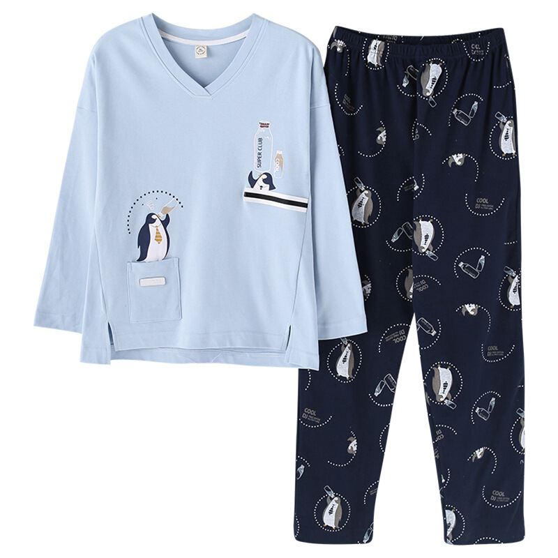 2018秋季新款家居服卡通小企鹅印花长袖长裤俩件套女式睡衣