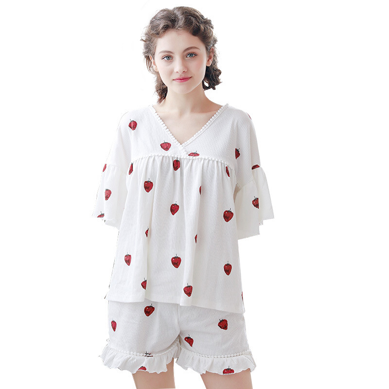 [龙凤醉]睡衣女夏新品家居服女士莓印花性感睡衣女可爱睡衣套装白色均码