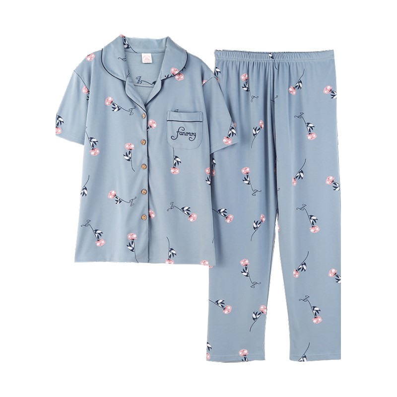 矮小个子睡衣女夏季纯棉加大码薄款短袖长裤套装全棉田园S家居服