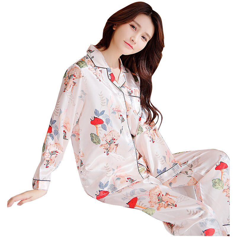 韩版新款真丝睡衣女夏季两件套长袖春秋甜美薄款冰丝绸家居服套装