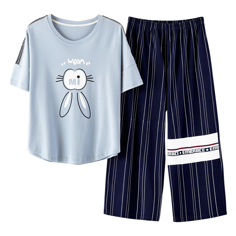 短袖长裤睡衣女夏纯棉韩版宽松可外穿休闲9分裤可爱薄款家居服套浅蓝