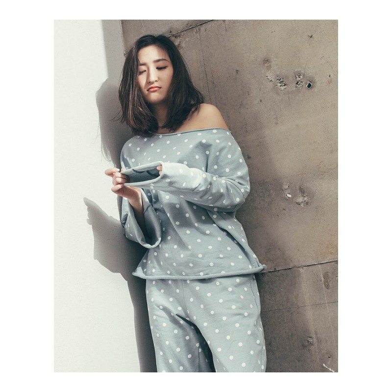 春秋女长袖纯棉套装甜美可爱女士圆点宽松休闲简约家居服女款 豆绿 均码
