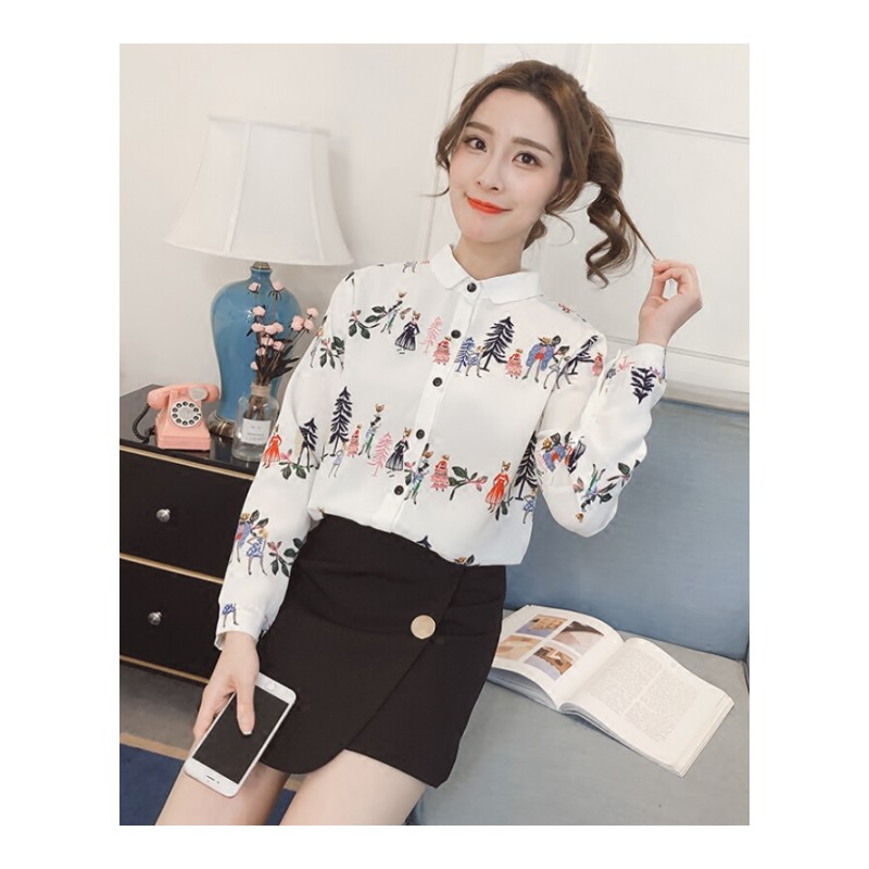 2018春款韩范甜美小清新宽松雪纺印花上衣碎花长袖打底衬衣女衬衫白色S80-98斤