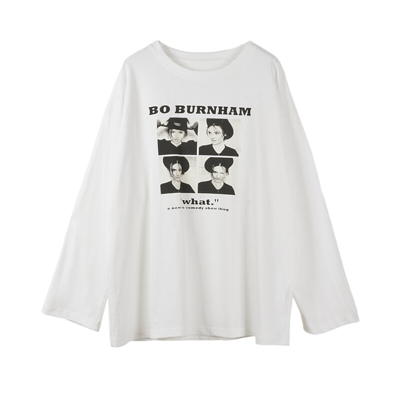 2018春秋装新款韩版图案印花女长袖纯棉T恤宽松百搭上衣服打底衫