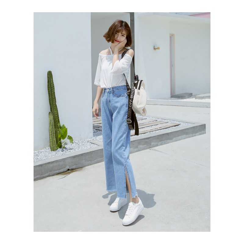 韩版阔腿学生牛仔长裤女夏季BF风高腰九分宽松浅色裤子yy浅蓝色九分裤
