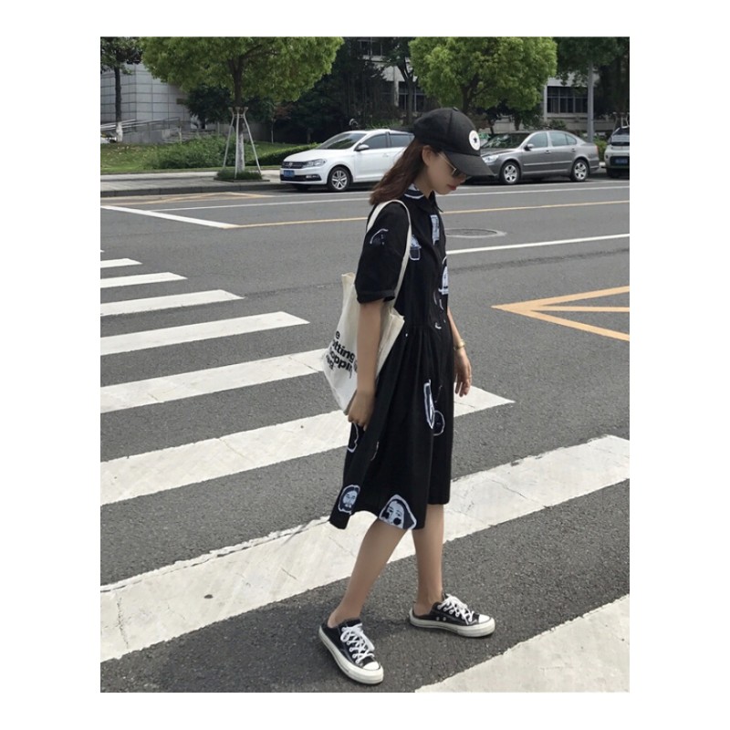 夏装女装韩版宽松显瘦中长款卡通印花翻领短袖衬衫连衣裙学生长裙fjq白色均码