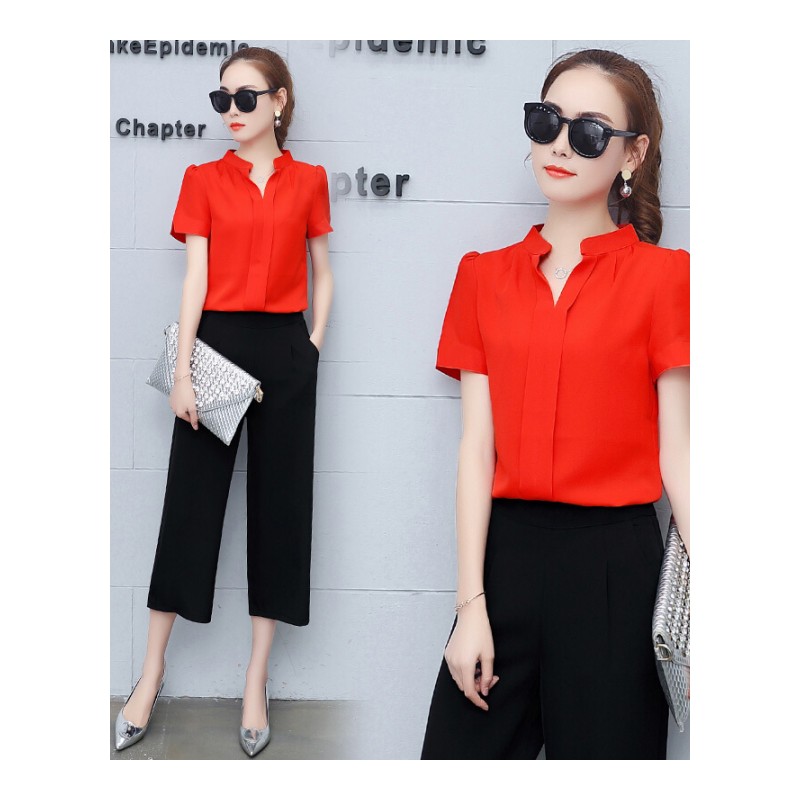 短袖条纹雪纺衬衫高腰七分阔腿裤韩版时尚两件套装女夏季2018yy