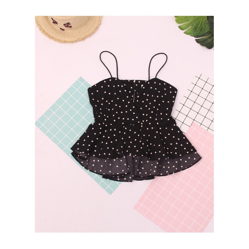 夏季性感V领不规则荷叶边波点印花短款带背心女显瘦外穿上衣潮ljq白色均码