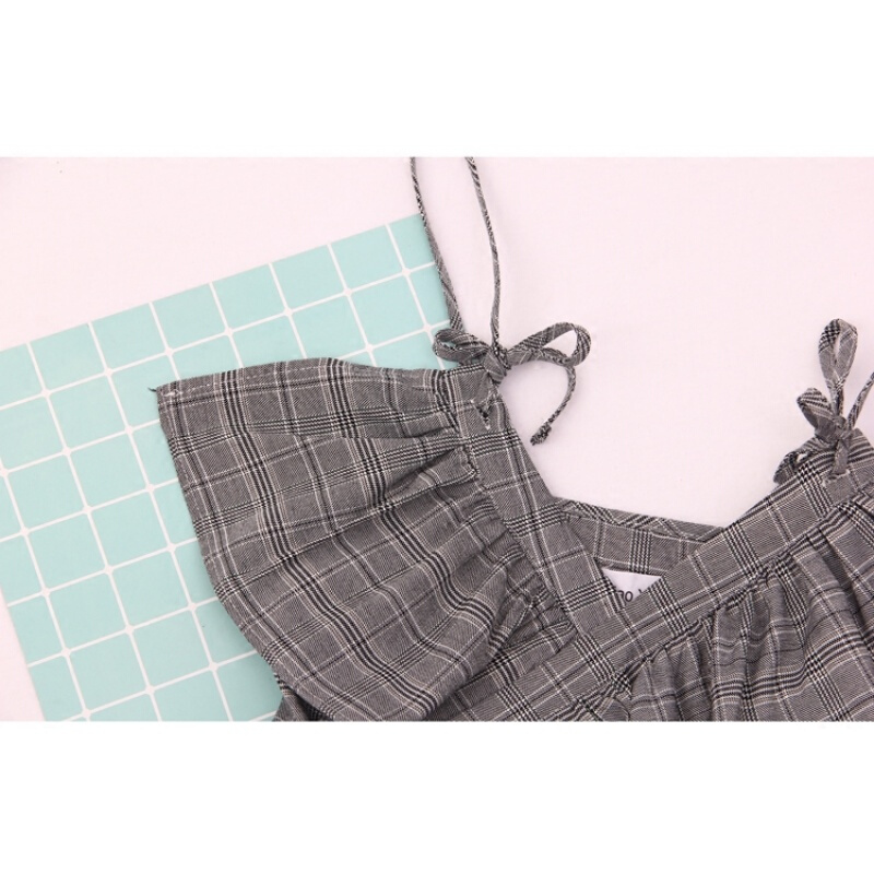 夏季韩版露肩荷叶边显瘦背心女时尚V领格子带小衫外穿上衣ljq灰色