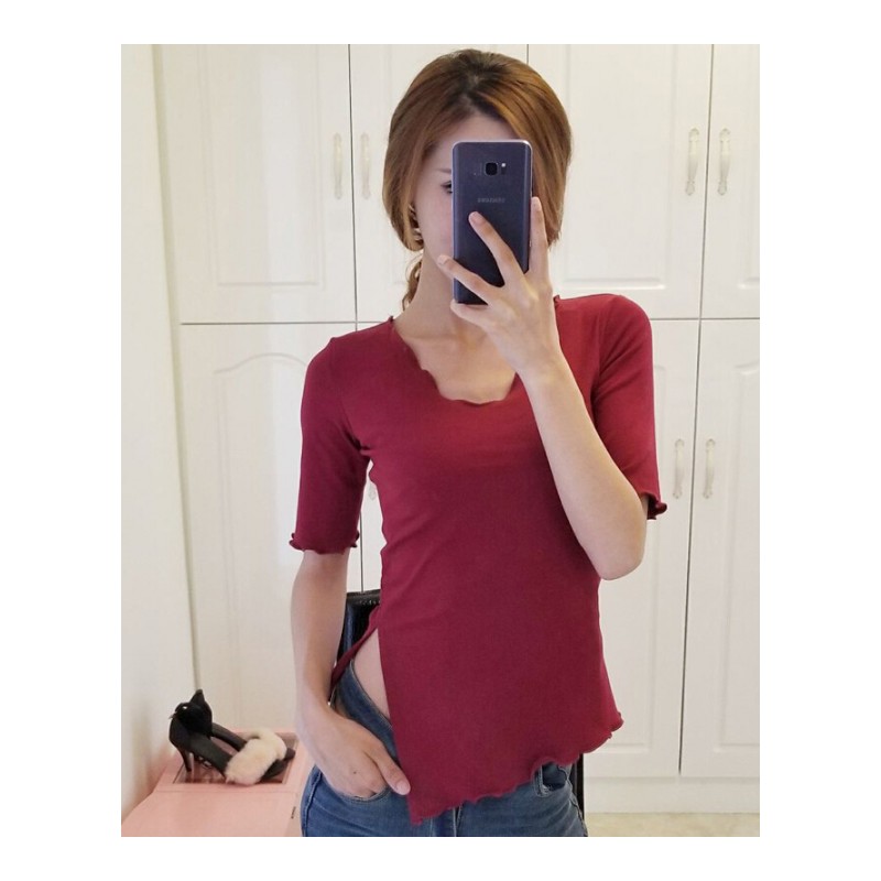 衣服女夏2018夏装性感露腰不规则紧身显瘦上衣夜店小心机体恤ljq