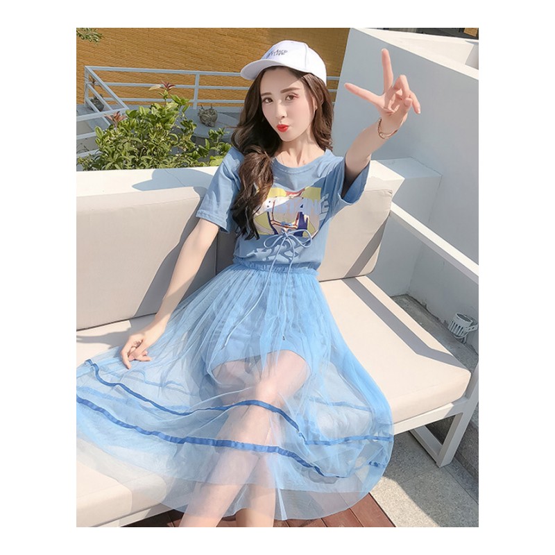 连衣裙女夏2018韩版学生显瘦T恤小清新网纱ins裙子两件套装裙yy