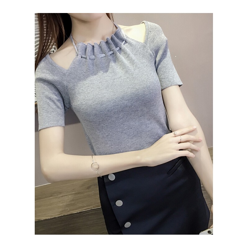 夏天衣服女性感露肩小心机上衣修身显瘦短袖T恤挂脖针织体恤ljq白色均码