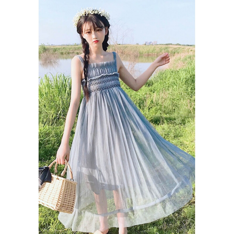 2018夏季女装韩版学生显瘦日系小清新大摆网纱裙子无袖连衣裙yy粉色均码