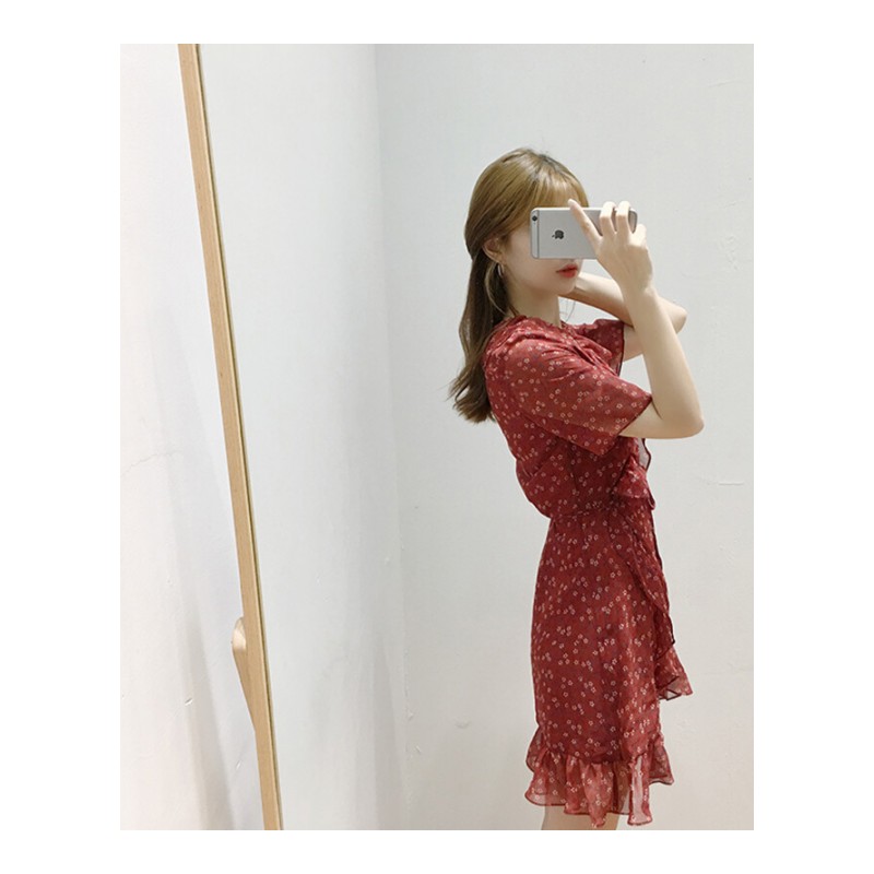 付臭美2018夏装新款韩版系带开衫短袖碎花连衣裙女中长款a字裙子红色