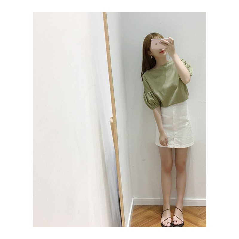 付臭美2018夏装新款韩版纯色套头圆领短袖系带衬衫休闲宽松上衣 绿色 均码