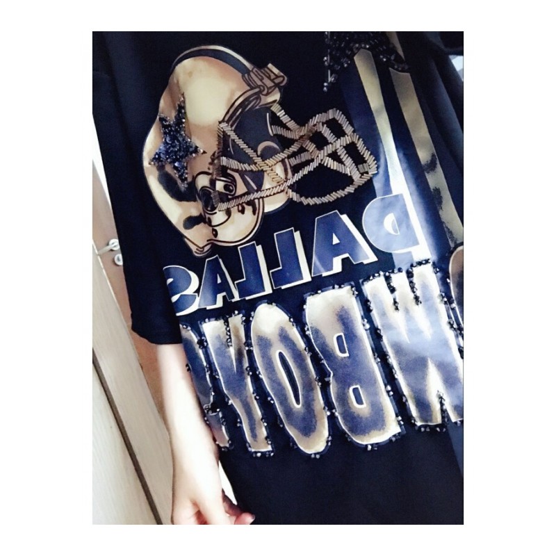 2018春夏新款重工钉珠字母印花T恤女开叉半袖中长款黑色宽松上衣黑色