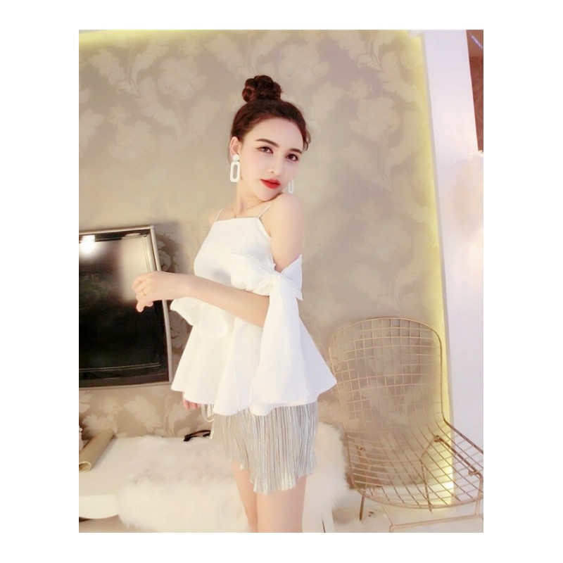 2018夏季韩版时尚新款女装个性一字肩露背蝴蝶结显瘦裙摆短袖上衣 白色 均码