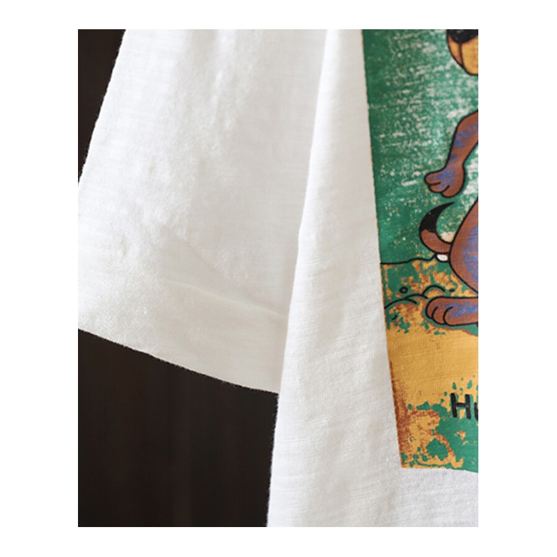 -小狗印花17夏季宽松胖妹T恤女短袖韩版显瘦竹节棉半袖帽衫白色均码