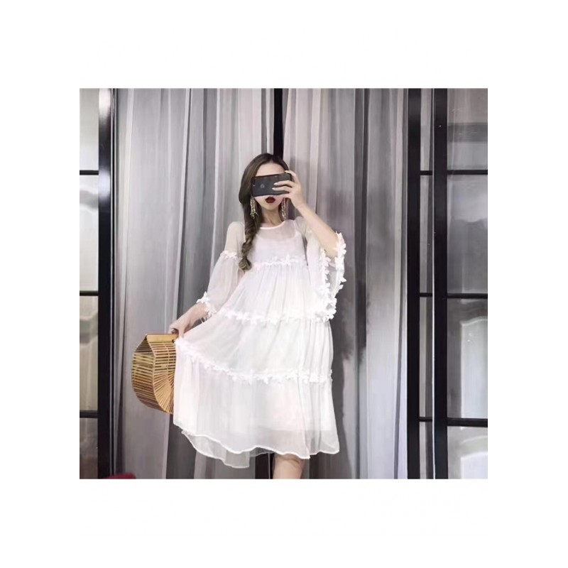 2018夏季新款时尚女装百搭甜美公主袖蕾丝花边两件套休闲连衣裙潮 白色 均码