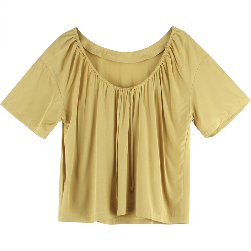 付臭美2018夏装新款韩版宽松纯色一字肩衬衫女漏肩休闲百搭上衣 黄色 均码