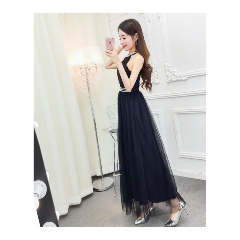 连衣裙女夏时尚气质新款韩版修身露肩挂脖无袖网纱拼接蕾丝长裙潮白色均码