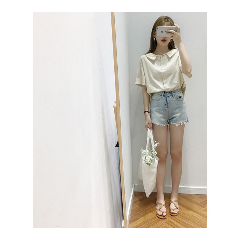 付臭美2018夏装新款韩版系带牛仔短裤女直筒裤浅色裤子休闲百搭蓝色