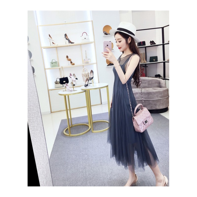 2018夏季韩版时尚圆领新款无袖修身显瘦仙女气质网纱长裙配带潮灰色