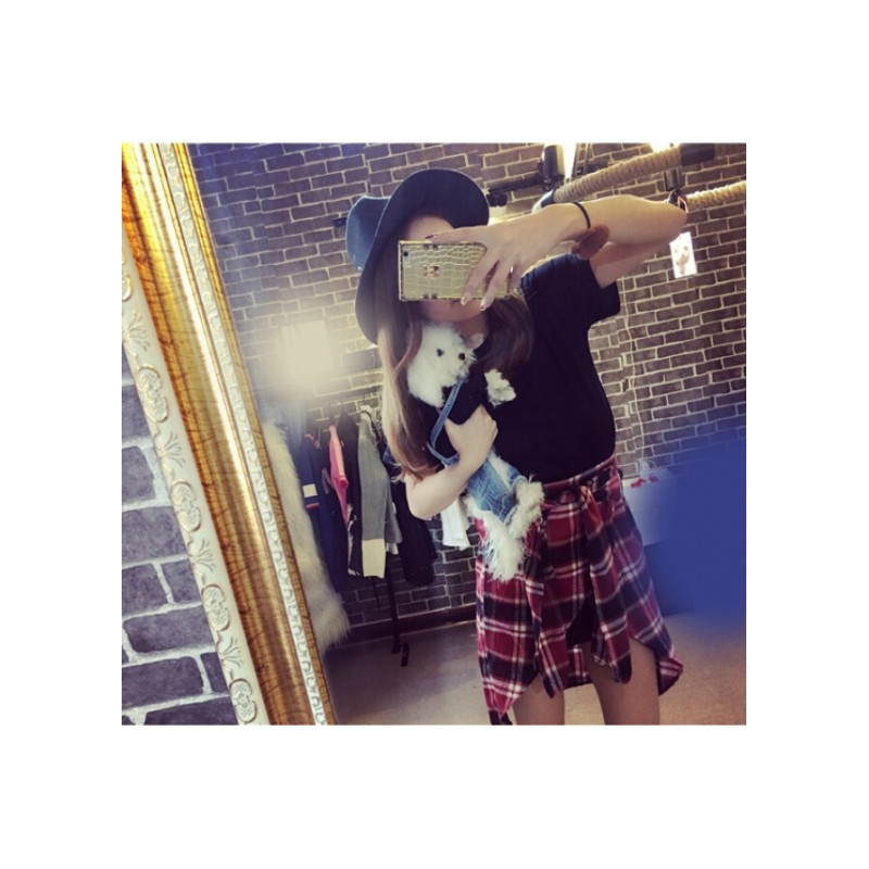 2018韩版时尚气质名媛圆领短袖中长款T+绑带格子开叉半身裙两件套 黑色 均码