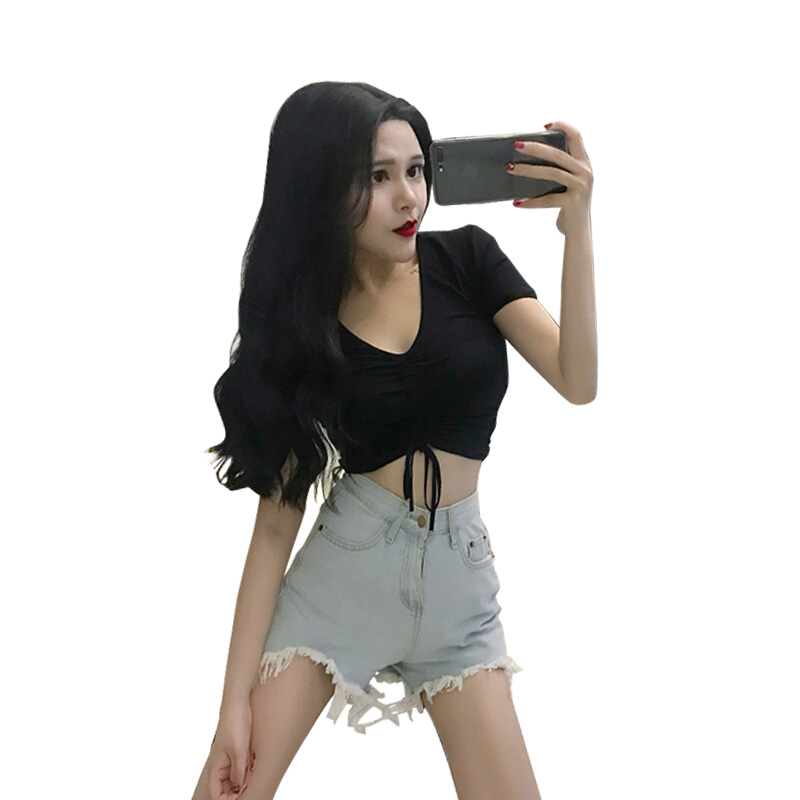 2018夏季新款简约时尚百搭纯色短款性感气质女士抽绳露脐性感上衣红色均码