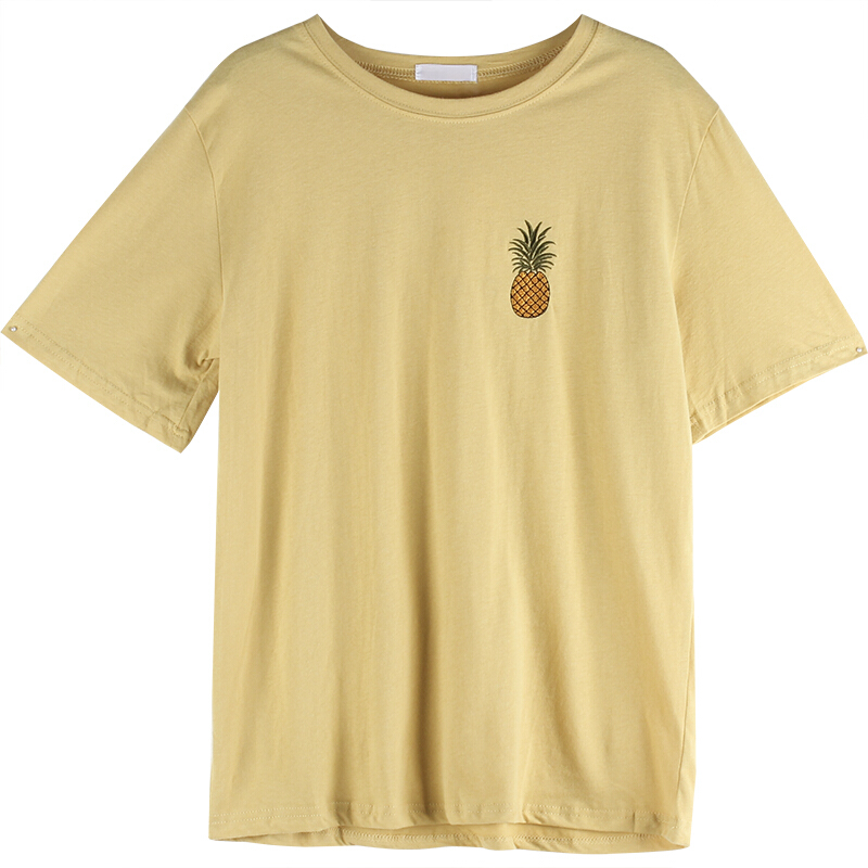 付臭美2018夏装新款韩版圆领刺绣纯色短袖T恤女中长款休闲百搭 黄色 均码