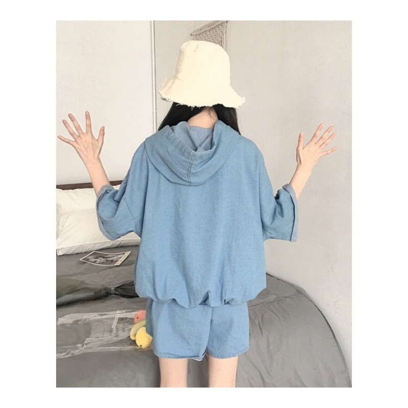 韩版时尚休闲套装夏装女装短袖连帽牛仔上衣外套+阔腿短裤两件套 图片色 均码