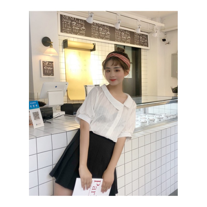 春夏女装韩版宽松气质小清新条纹短袖衬衫斜领半袖打底衫衬衣上衣白色均码