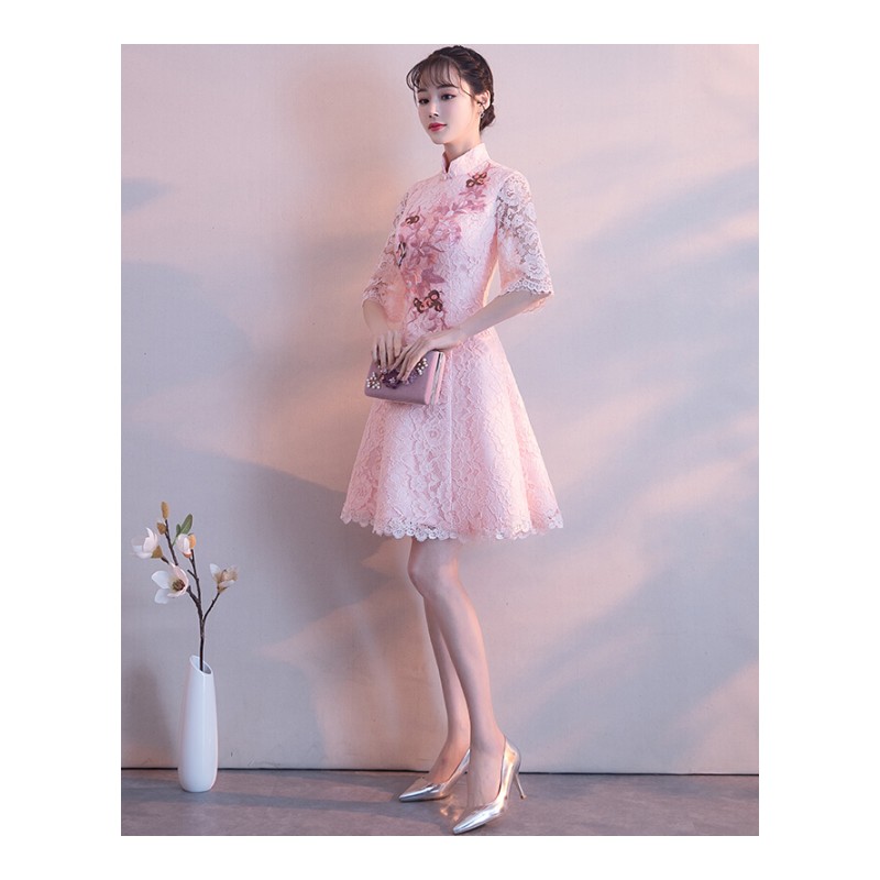 粉色伴娘礼服女2018新款韩版短款中式姐妹裙生日派对小礼服裙学生浅粉色