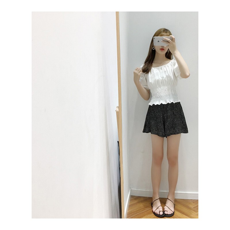 付臭美2018夏装新款韩版白色短袖一字肩衬衫女漏肩休闲百搭上衣 白色 均码