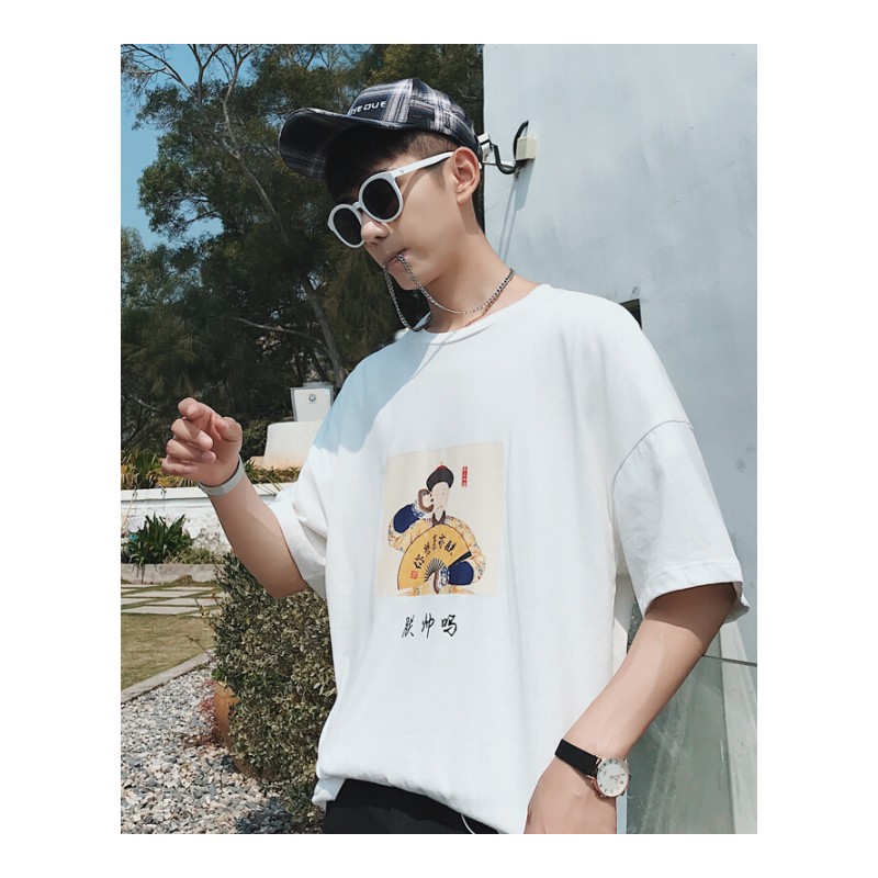 夏季新款韩版个性印花白T恤情侣装宽松学生男士圆领短袖体恤上衣