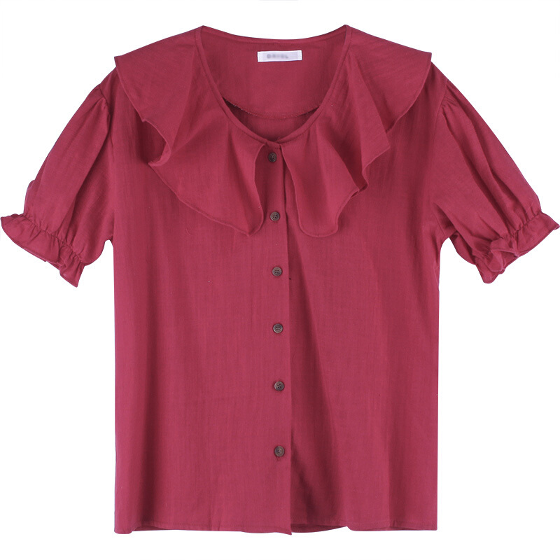 付臭美2018夏装新款韩版单排扣短袖棉麻衬衫女休闲百搭上衣学生红色均码