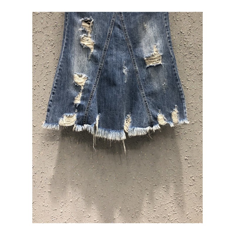 2018夏季新款时尚百搭洗水破洞牛仔鱼尾半身裙中长款包臀裙子女蓝色