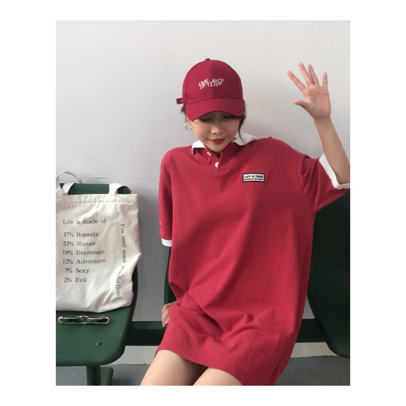 夏装女装韩版学院风刺绣polo领中长款短袖字母T恤宽松上衣体恤潮红色均码