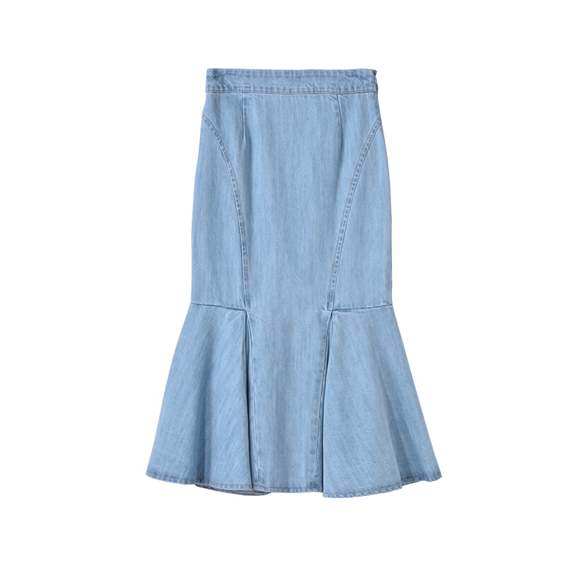 2018夏季新款韩版高腰牛仔半裙薄款包臀半身裙女中长款显瘦鱼尾裙蓝色