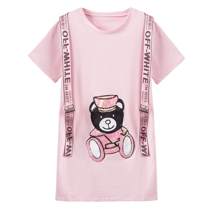 2018夏季甜美学院风圆领套头卡通小熊亮片宽松中长款短袖T恤裙女 粉红色 均码