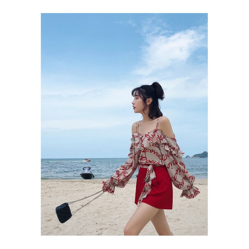 女装夏装2018新款时尚潮性感露肩带上衣配短裤套装两件套女夏