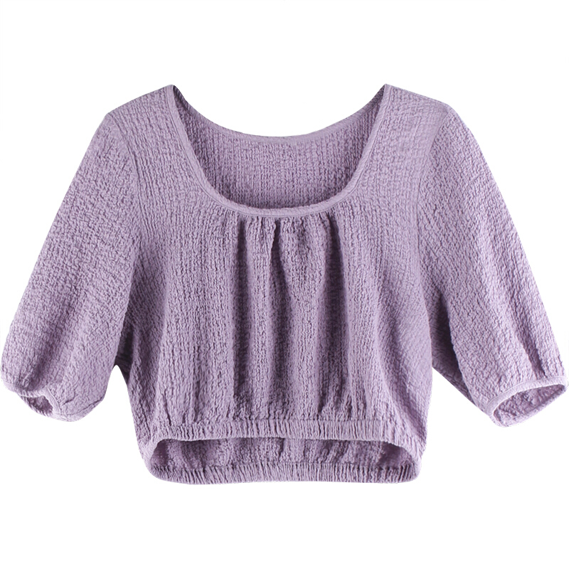 付臭美2018夏装新款韩版圆领超短款短袖T恤女纯色上衣休闲宽松 紫色 均码