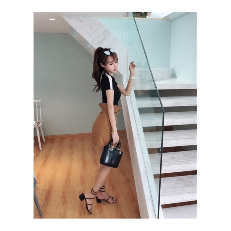 2018夏季时尚新款韩版气质修身显瘦短袖上衣T+纽扣系带半裙套装女