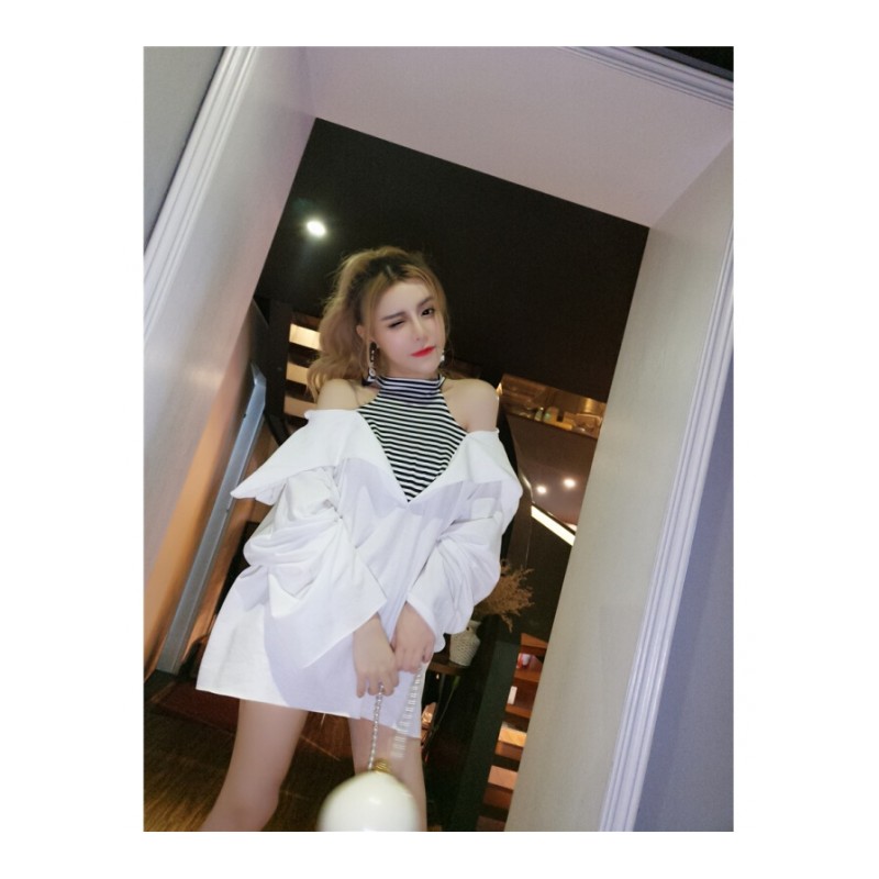 2018春装韩版时尚气质宽松假两件拼接条纹性感露肩阔袖百搭上衣白色均码