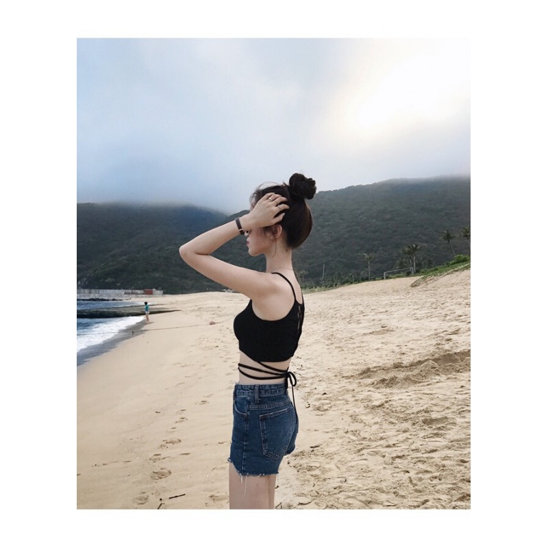 夏装女装韩版时尚百搭度假风背后绑带露背小带外穿打底背心上衣 黑色 均码